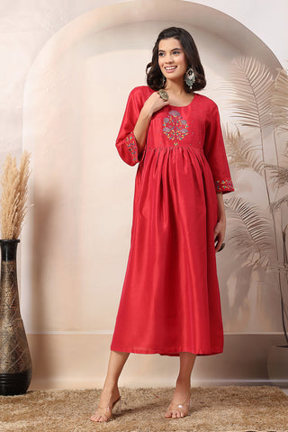 Scarlet Blossom Maternity Feeding Dress with Embroidered Yoke