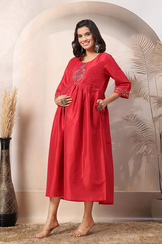 Scarlet Blossom Maternity Feeding Dress with Embroidered Yoke