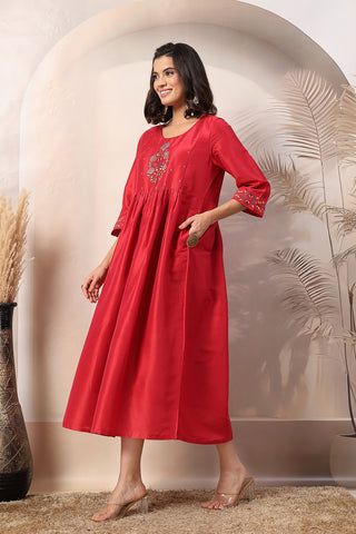 Scarlet Blossom Maternity Feeding Dress with Embroidered Yoke