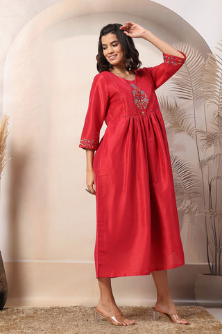 Scarlet Blossom Maternity Feeding Dress with Embroidered Yoke