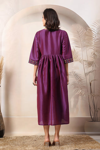 Mystic Violet Maternity Feeding Dress with Embroidered Yoke