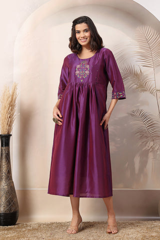 Mystic Violet Maternity Feeding Dress with Embroidered Yoke