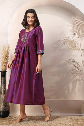 Mystic Violet Maternity Feeding Dress with Embroidered Yoke