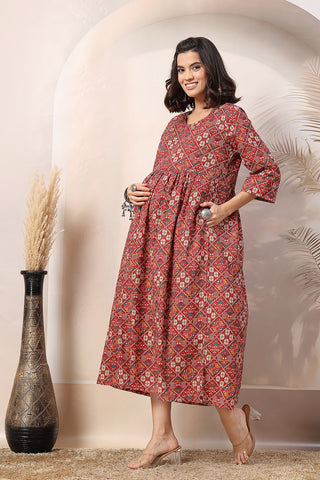 Rust Printed Maternity Feeding Dress