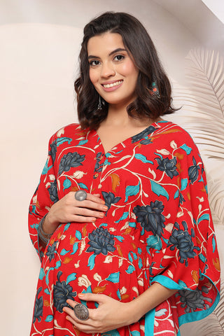 Red Scarlet Blossom Zipless Feeding Maternity Kaftan