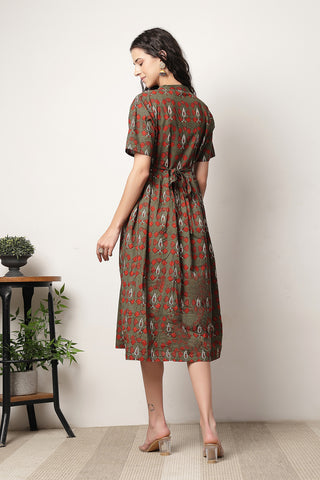 Close Up of Cotton Fabric Detail on Mehr – The Festive Zipless Feeding Lapel Dress- Bottle Green