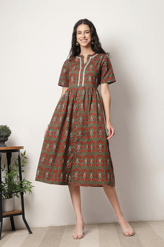 Back View of Mehr – The Festive Zipless Feeding Lapel Dress- Bottle Green - Flattering Silhouette for Pregnancy