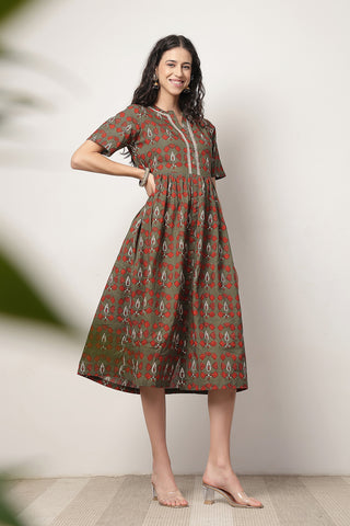 Soft Cotton Texture of Mehr – The Festive Zipless Feeding Lapel Dress- Bottle Green - Breathable & Comfy