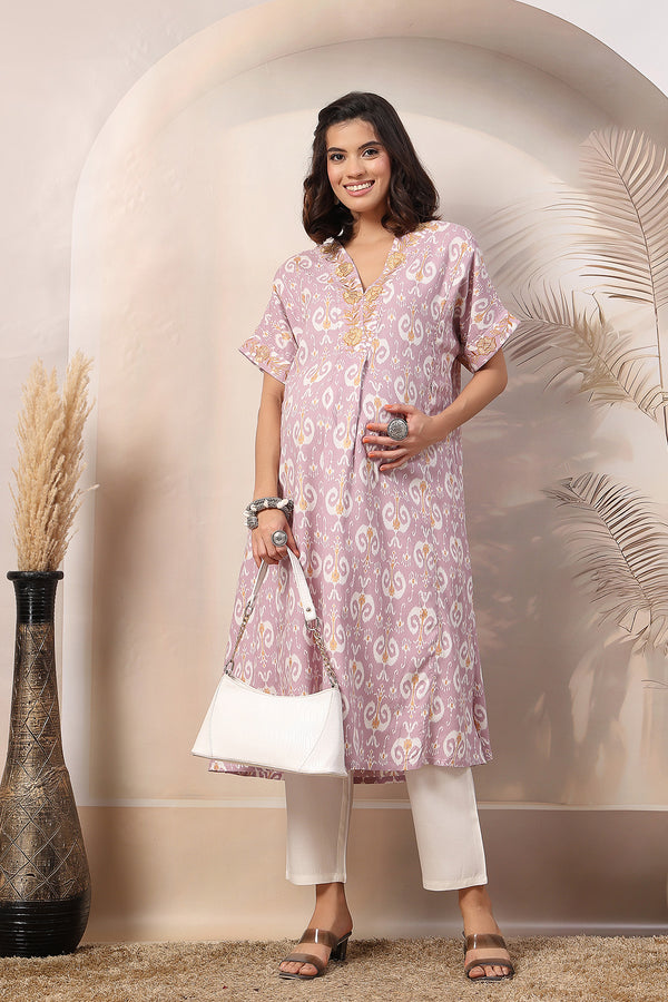 Sunshine Lavender Glow Rayon Suit Set: Convenient Feeding for easy nursing, featuring a Flattering A-Line silhouette.