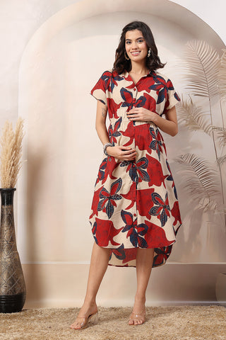 Petal Burst Zipless Feeding Maternity Shirt Dress