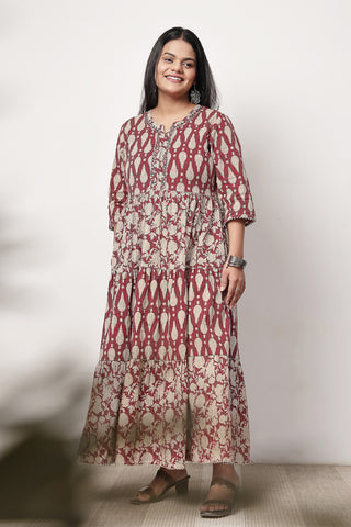 Detailed shot of the sleeves and cuff design on the Ethnic Cotton Tiered Kurti for Feeding Kurti.