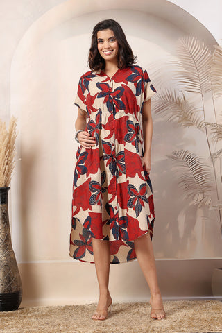 Petal Burst Zipless Feeding Maternity Shirt Dress