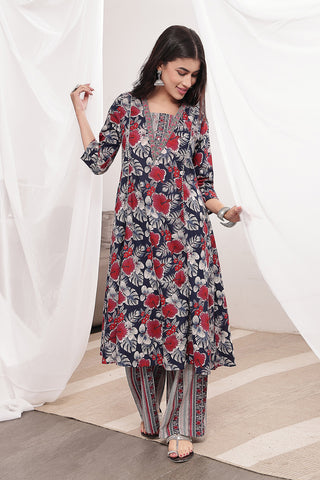 High-quality image of the Cotton texture and finish of the Navy Blue 100% Kurta Set.