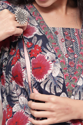 Full-length shot of model wearing the Navy Blue 100% Kurta Set. Emphasizes the comfortable Relaxed Maternity.