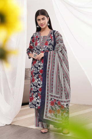 Side profile of the Navy Blue 100% Kurta Set, showing the smooth drape of the Cotton fabric.