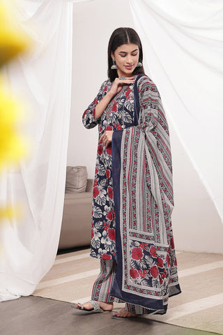 High-quality image of the Cotton texture and finish of the Navy Blue 100% Kurta Set.