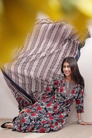 Model action shot of the Navy Blue 100% Kurta Set, demonstrating ease of movement and fit.