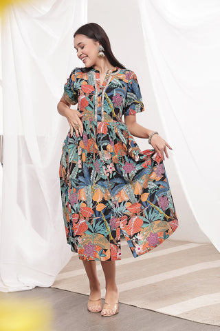 Stylish Black Maternity Wear - Mehr – The Festive Zipless Feeding Lapel Dress- Black Multi for New Moms