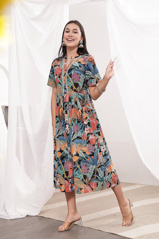 Soft Cotton Texture of Mehr – The Festive Zipless Feeding Lapel Dress- Black Multi - Breathable & Comfy