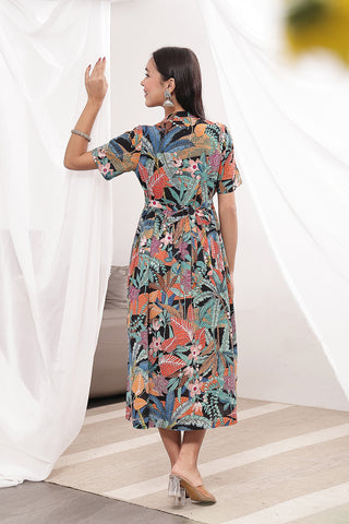 Close Up of Cotton Fabric Detail on Mehr – The Festive Zipless Feeding Lapel Dress- Black Multi