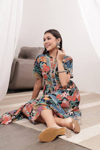 Back View of Mehr – The Festive Zipless Feeding Lapel Dress- Black Multi - Flattering Silhouette for Pregnancy