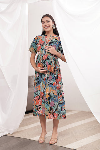 Elegant Black Look of Mehr – The Festive Zipless Feeding Lapel Dress- Black Multi - Perfect for Any Occasion