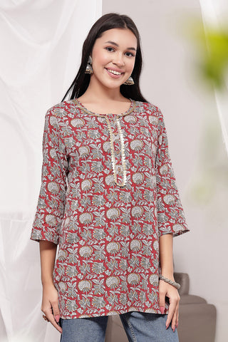 Red Multi Cotton Top; print offers style and comfortable fit for daily wear.
