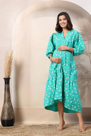 https://houseofzelena.com/collections/maternity-dresses/products/light-green-zipless-maternity-dress-with-tiers