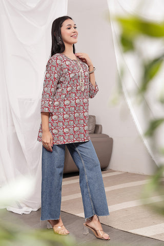 Red Multi Cotton Top; pure cotton material is soft on skin and lightweight.