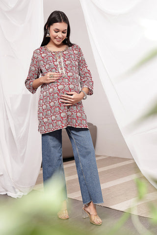Red Multi Embroidered Neck; embroidery adds style to the maternity top.
