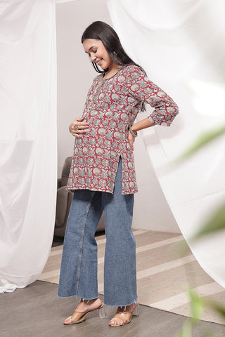 Red Multi Feeding Top; stretch neckline allows fast breastfeeding access.