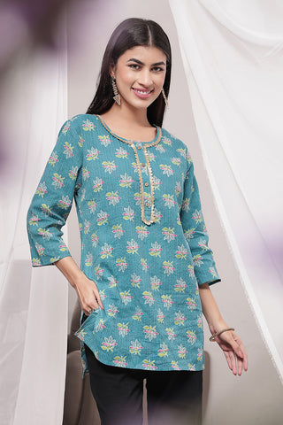 Teal Booty Cotton Top; pure cotton material is soft on skin and lightweight.