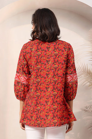 Rust Red Floral Printed Maternity Feeding top with Gold Embroidery