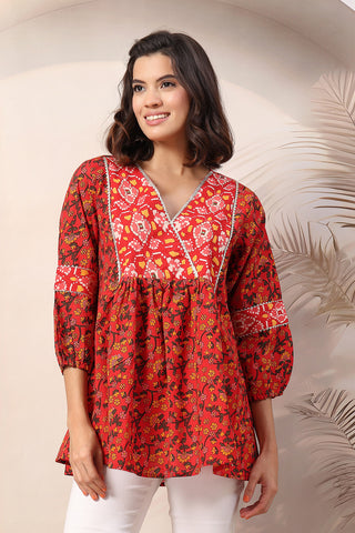 Rust Red Floral Printed Maternity Feeding top with Gold Embroidery