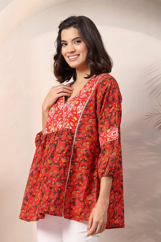 Rust Red Floral Printed Maternity Feeding top with Gold Embroidery