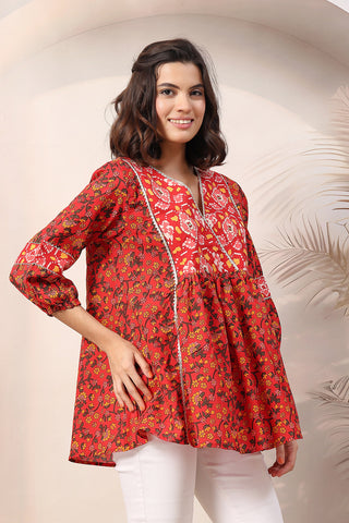 Rust Red Floral Printed Maternity Feeding top with Gold Embroidery