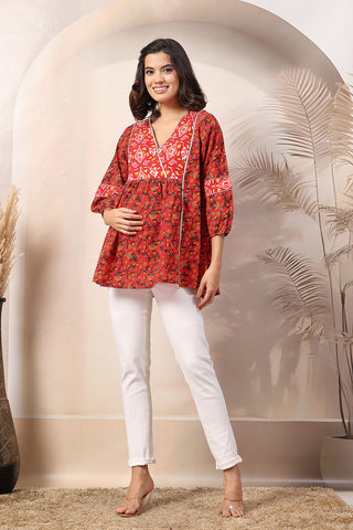 Rust Red Floral Printed Maternity Feeding top with Gold Embroidery