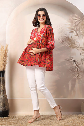 Rust Red Floral Printed Maternity Feeding top with Gold Embroidery