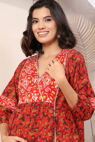 Rust Red Floral Printed Maternity Feeding top with Gold Embroidery