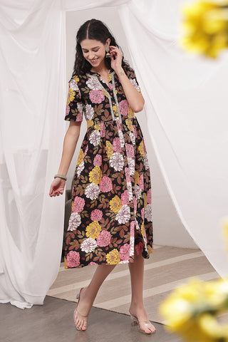 Soft Cotton Texture of Mehr – The Festive Zipless Feeding Lapel Dress- Dark Wine - Breathable & Comfy