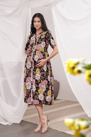 Back View of Mehr – The Festive Zipless Feeding Lapel Dress- Dark Wine - Flattering Silhouette for Pregnancy