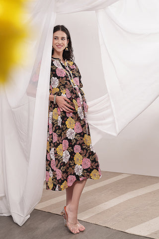 Elegant Wine Look of Mehr – The Festive Zipless Feeding Lapel Dress- Dark Wine - Perfect for Any Occasion