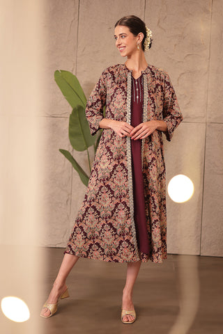 Laila – The Jewel-Tone Feeding Jacket Dress Set Front View - Deep Royal Purple Soft Maternity Dress with Feeding Zips