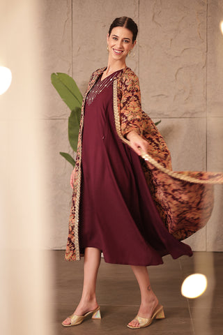 Stylish Deep Royal Purple Maternity Wear - Laila – The Jewel-Tone Feeding Jacket Dress Set for New Moms