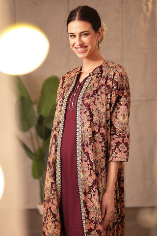 Woman wearing Laila – The Jewel-Tone Feeding Jacket Dress Set in Deep Royal Purple - Pre & Post Pregnancy