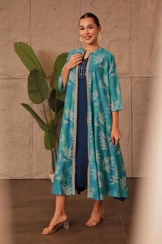 Laila – The Jewel-Tone Feeding Jacket Dress Set Front View - Sky Blue Soft Maternity Dress with Feeding Zips & Pockets