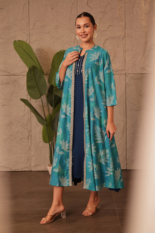 Laila – The Jewel-Tone Feeding Jacket Dress Set Front View - Sky Blue Soft Maternity Dress with Feeding Zips & Pockets