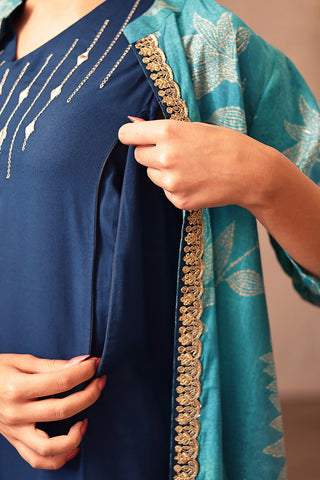 Side Profile of Sky Blue Nursing Dress showing Feeding Zips & Pockets & Fit