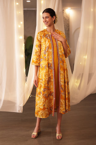 Laila – The Jewel-Tone Feeding Jacket Dress Set Front View - Mustard Yellow Soft Maternity Dress with Feeding Zips