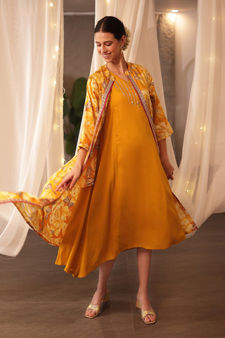 Stylish Mustard Yellow Maternity Wear - Laila – The Jewel-Tone Feeding Jacket Dress Set for New Moms